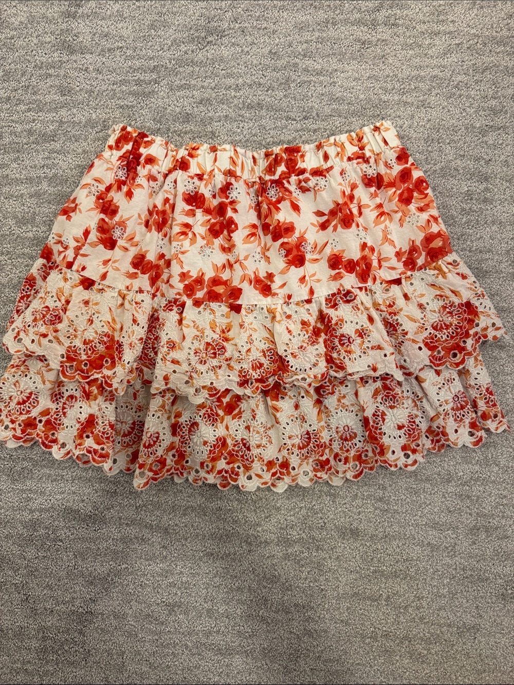 Floral Eyelet Tiered Mini Skirt - Orange& Cream